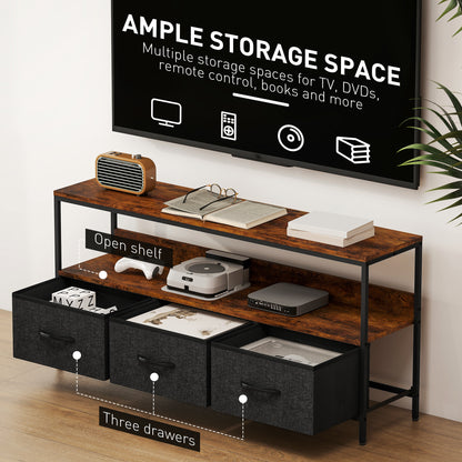 TV Stand with Charging Station, TV Table with 3 Foldable Linen Drawers and Open Shelf for 55 Inch Television, Rustic Bro