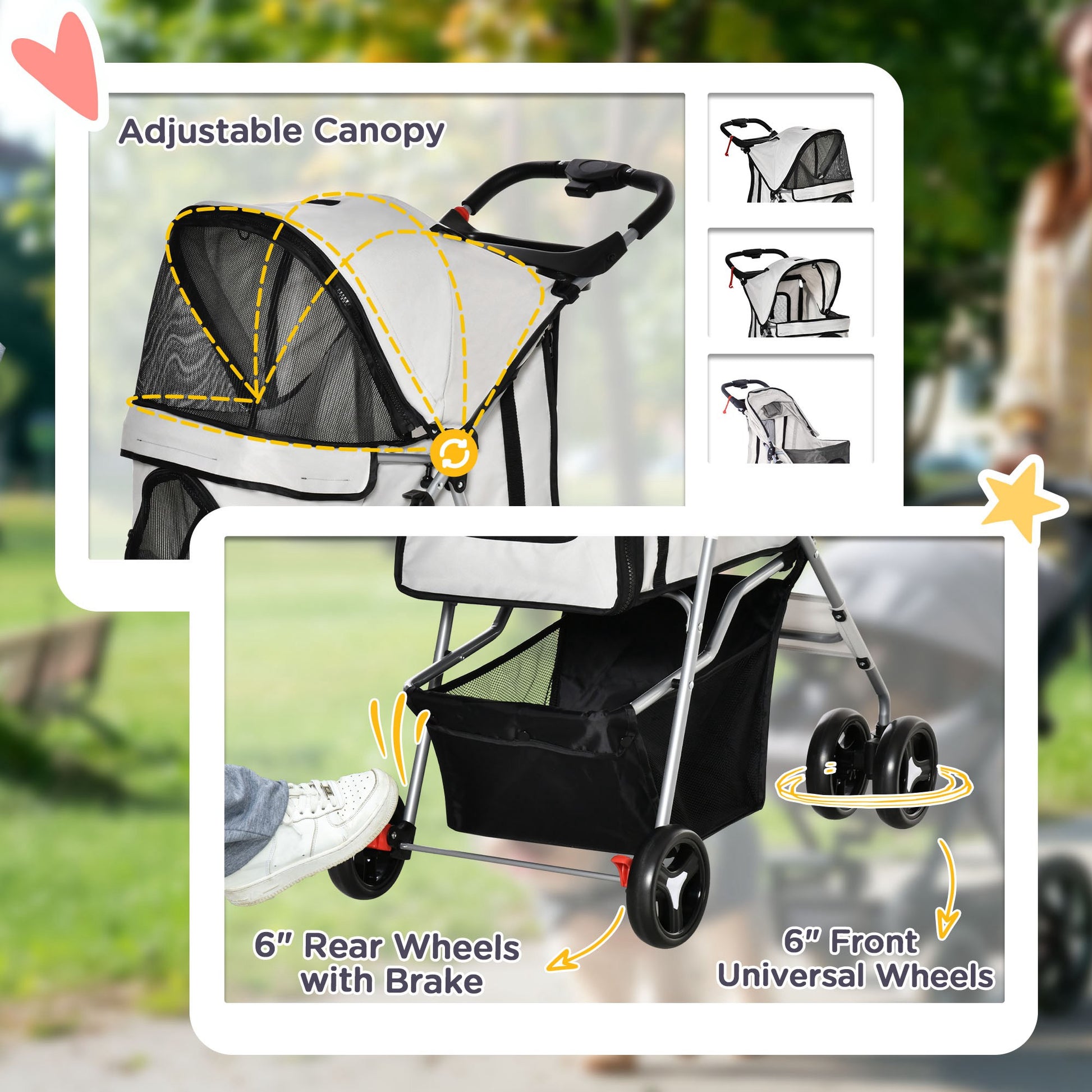 Cat Dog Stroller, One-click Foldable Pet Stroller w/Cup Holder, 4 Wheels Travel Carrier w/Brakes, 360° Swiveling Front W