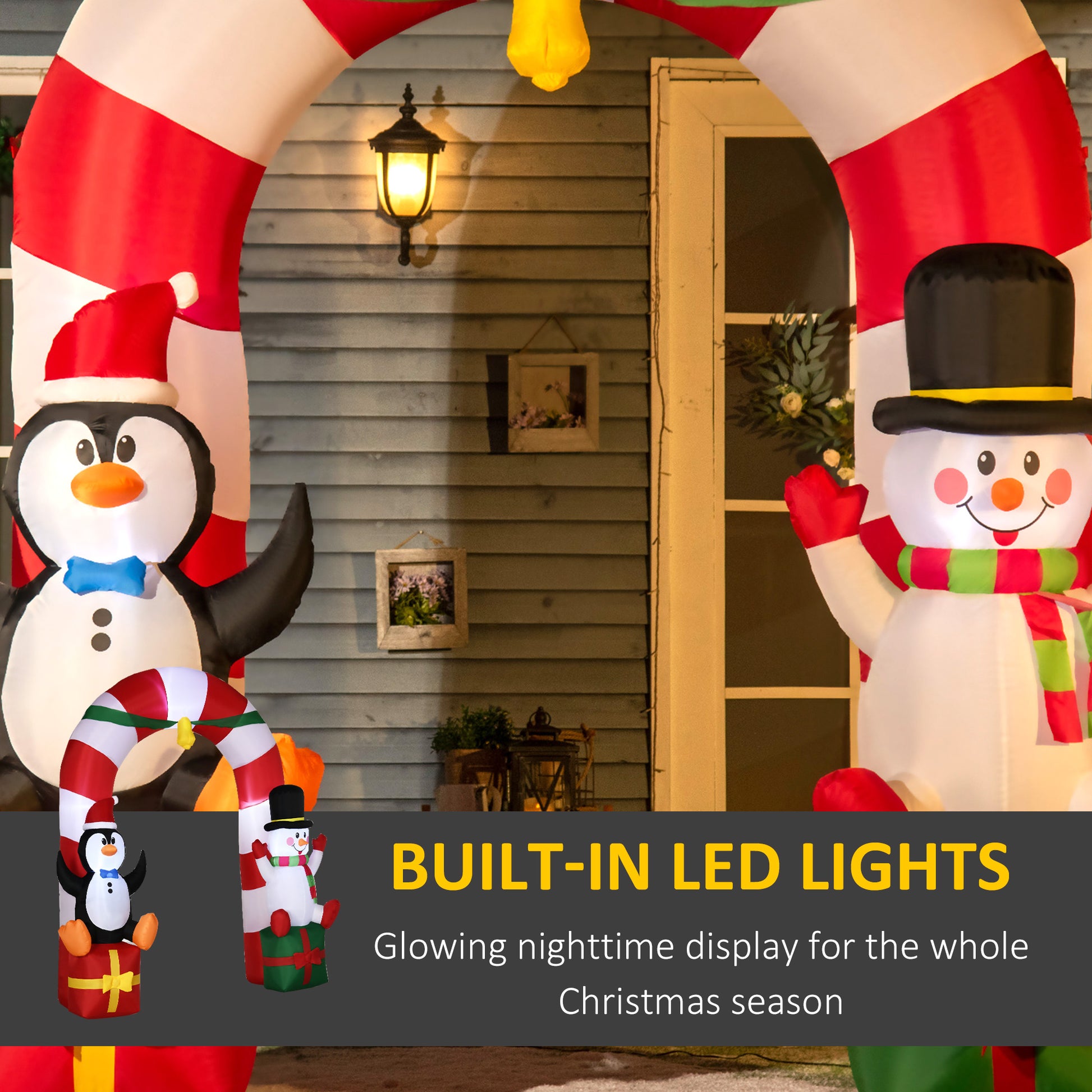 9ft Christmas Inflatable Candy Cane Archway with Penguin Snowman Sit on Gift Box, Blow-Up Outdoor LED Yard Display for L