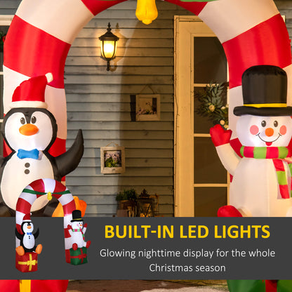 9ft Christmas Inflatable Candy Cane Archway with Penguin Snowman Sit on Gift Box, Blow-Up Outdoor LED Yard Display for L