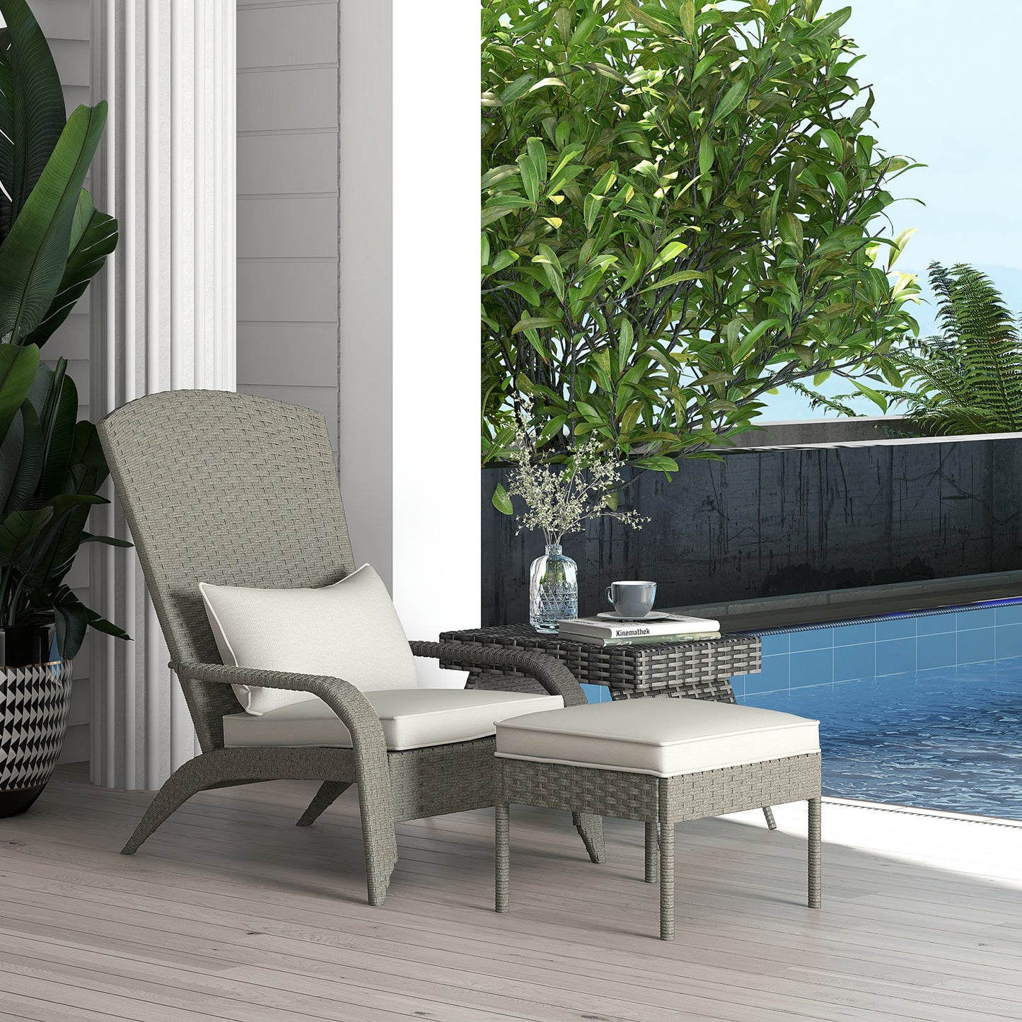 Wicker Adirondack Chair with Ottoman, Patio Cushioned Muskoka Chair, Outdoor Fire Pit Chair with High-back and Armrests,