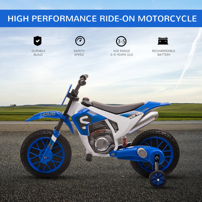 VarietyKart Kids Dirt Bike 12V Battery-Powered Ride-On Electric Motorcycle with Charging Battery, Training Wheels Blue