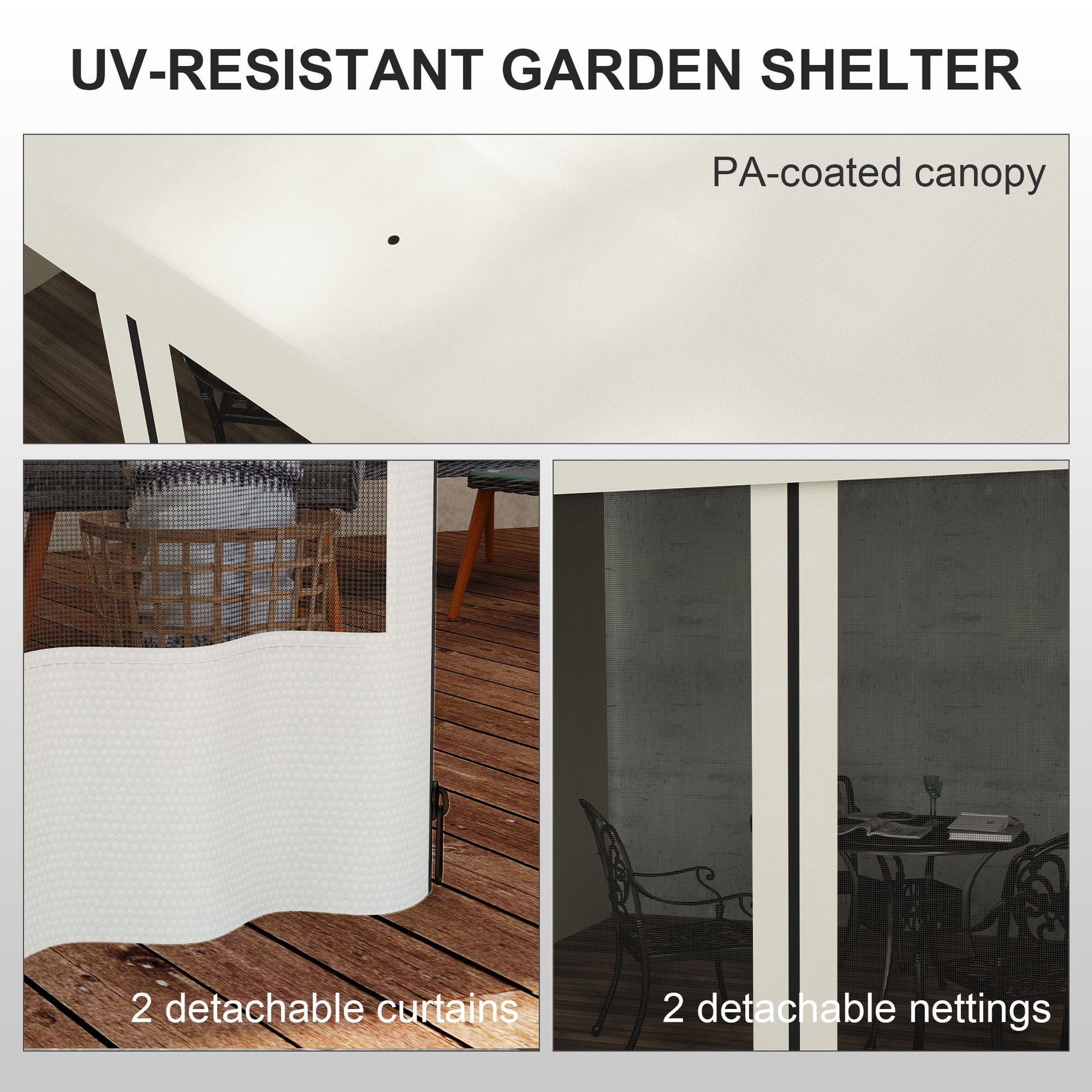 10' x 13' Wall Pergola, Outdoor Gazebo with 2 Curtains and 2 Nettings, UV Resistant, for Patio, Deck,  Beige