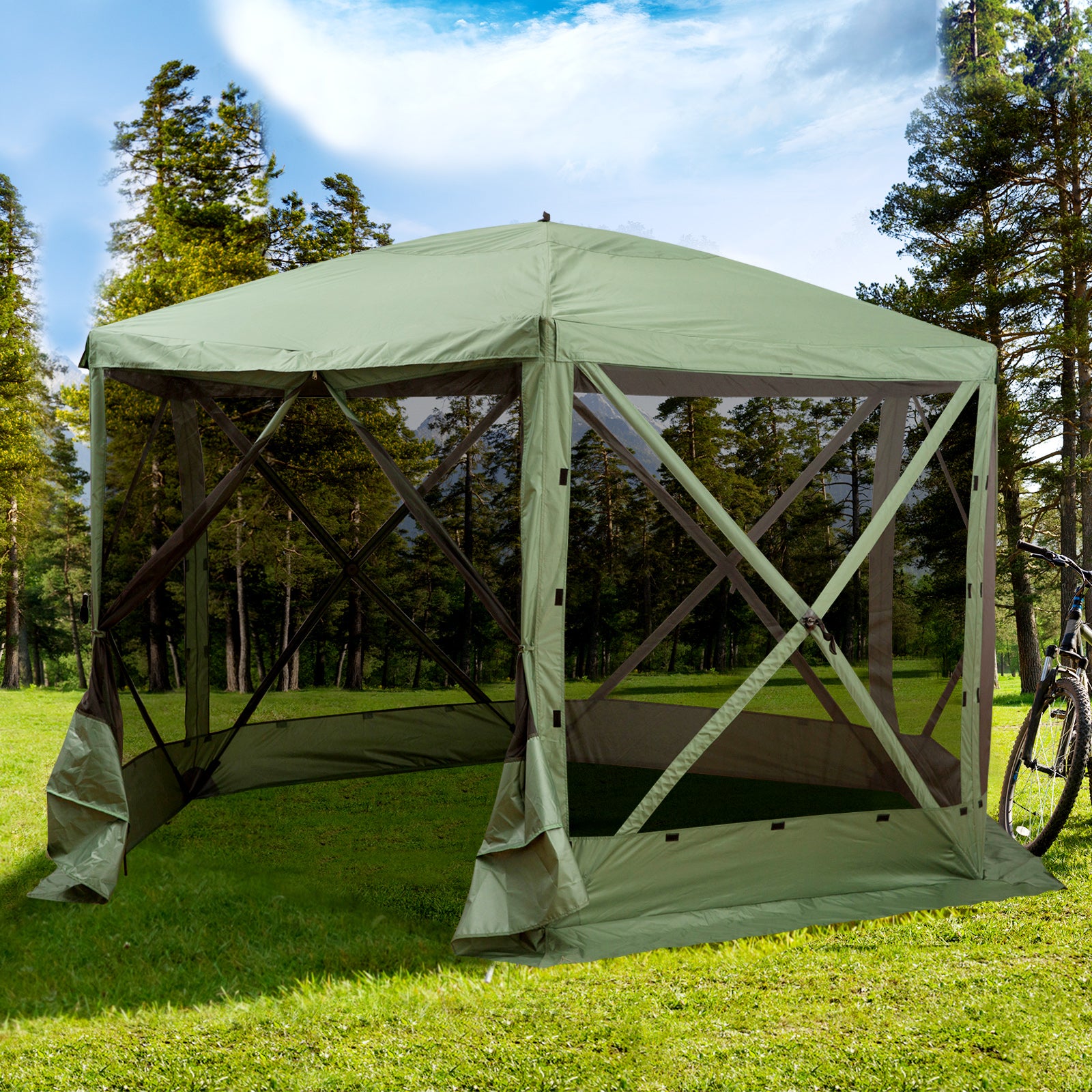 12' x 12' Hexagon Automatic Pop Up Screen Tents Camping Shelter Picnic Canopy Outdoor Sun Shade with Mesh Sidewalls and 