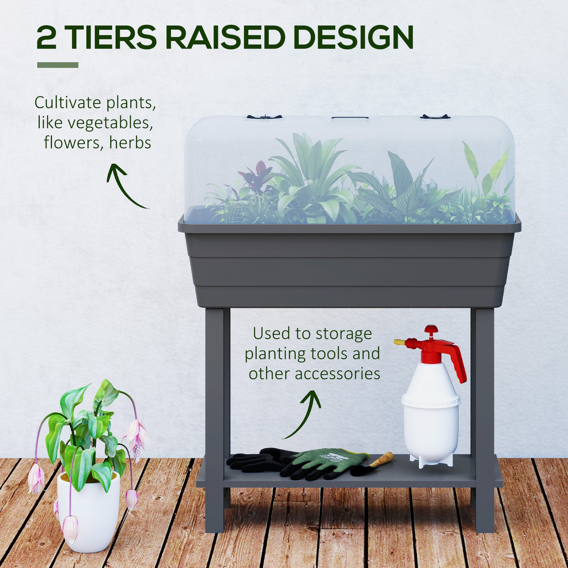 41L Self Watering Raised Garden Bed w/ Ventilation Transparent Lid Greenhouse, Planter Box w/ Storage Shelf, Dark Grey