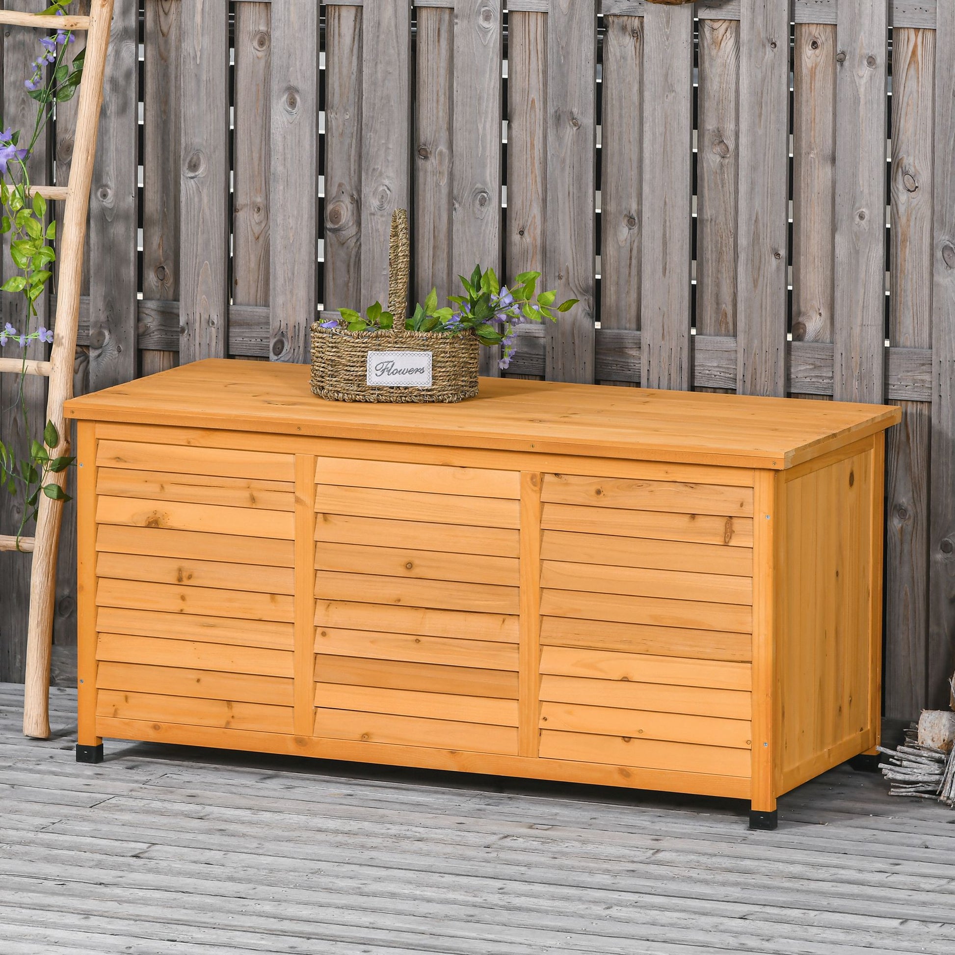 75 Gallon Wooden Storage Box patio Deck Box Bench, Garden Backyard Outdoor Storage Container with Aerating Gap & Weather