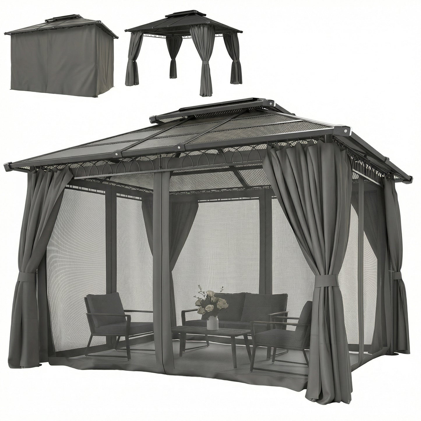 10' x 12' Outdoor Gazebo Canopy, Double Roof Hardtop Gazebo with Polycarbonate Roof, Steel Frame, Nettings and Curtains