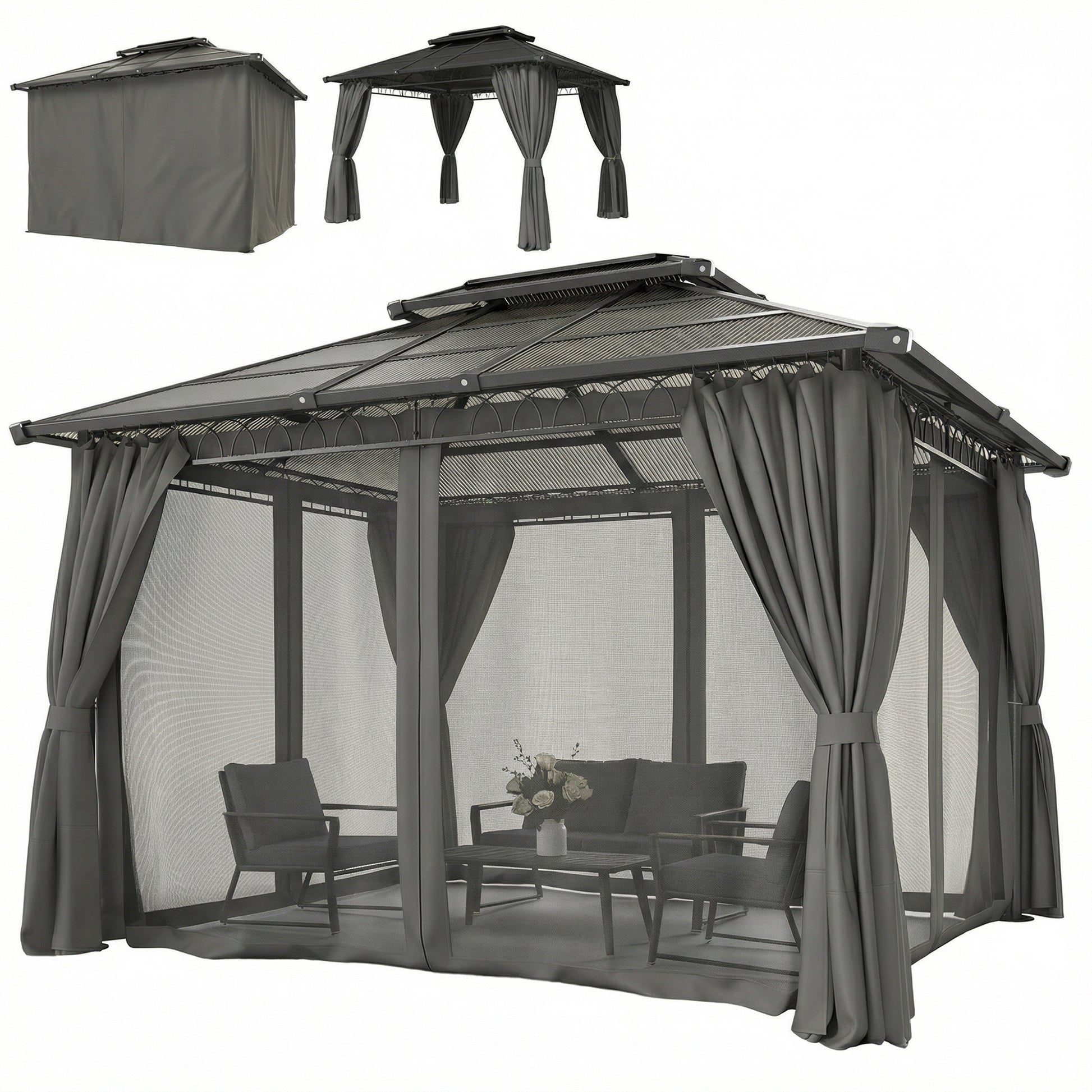 10' x 12' Outdoor Gazebo Canopy, Double Roof Hardtop Gazebo with Polycarbonate Roof, Steel Frame, Nettings and Curtains
