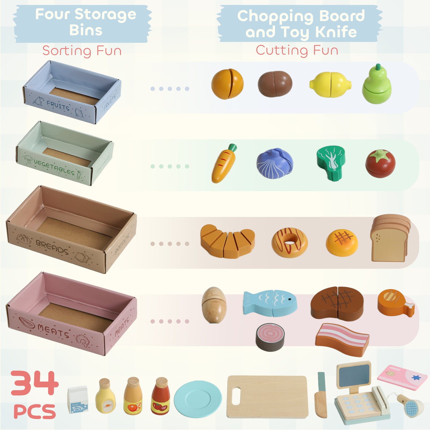 Qaba Kids Grocery Store Playset, Supermarket Toy Set with Cash Register, Chalkboard and Toy Food for Toddler Boys Girls 