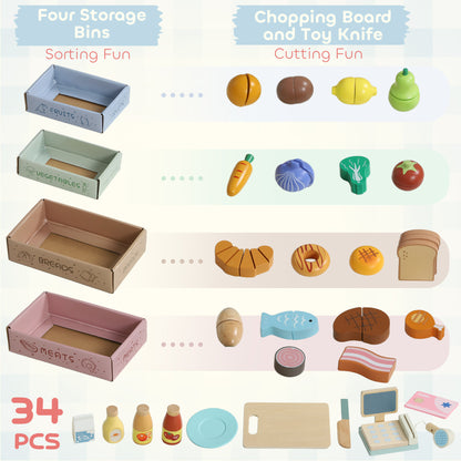 Qaba Kids Grocery Store Playset, Supermarket Toy Set with Cash Register, Chalkboard and Toy Food for Toddler Boys Girls 