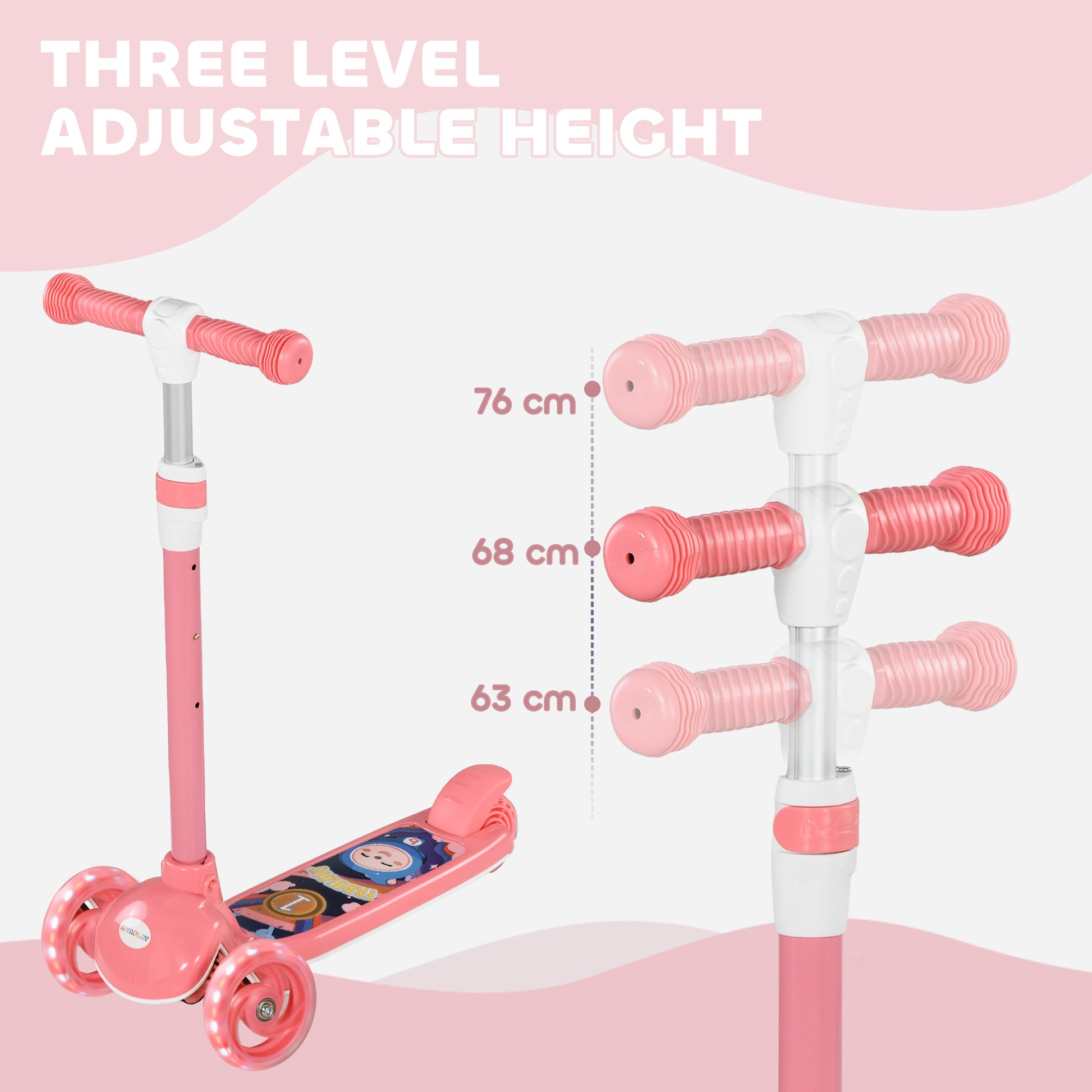 Qaba 3 Wheel Kids Scooter, Toddler Kick Scooter with Adjustable Height, Rear-Fender Brake, LED Light, TPE Handlebar, Pin