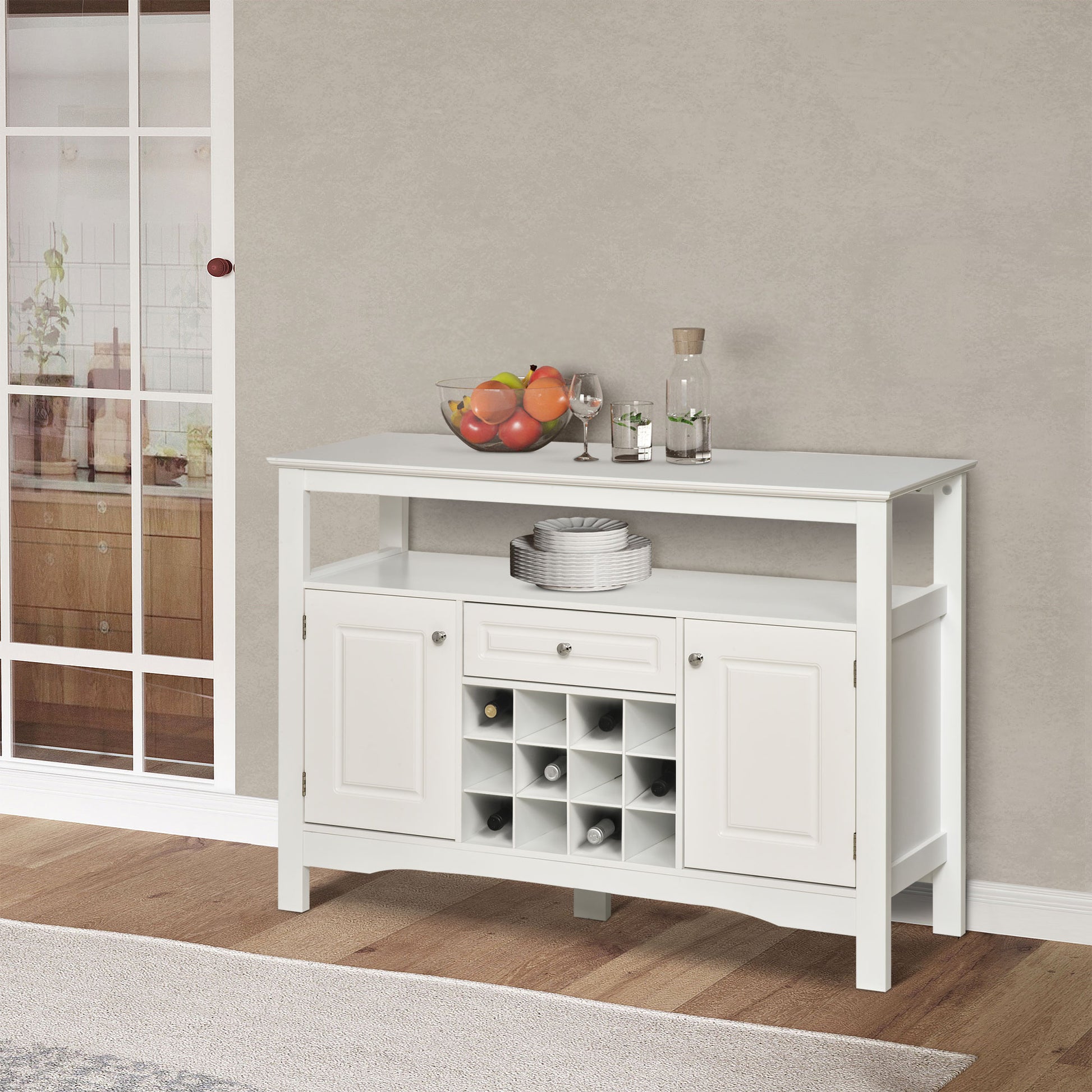 Modern Kitchen Buffet Bar Cabinet Storage Sideboard Dining Server with Drawer & 12-Bottle Wine Rack for Living Room, Whi