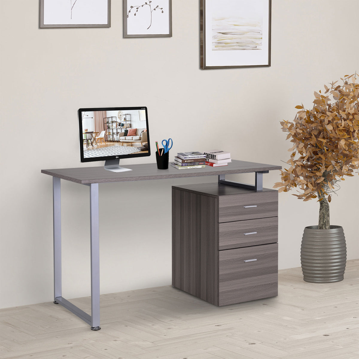 47" Computer Desk Writing Table Workstation with Multi-Use Reversible 3 Drawers Metal Frame Home Office Furniture, Dark 