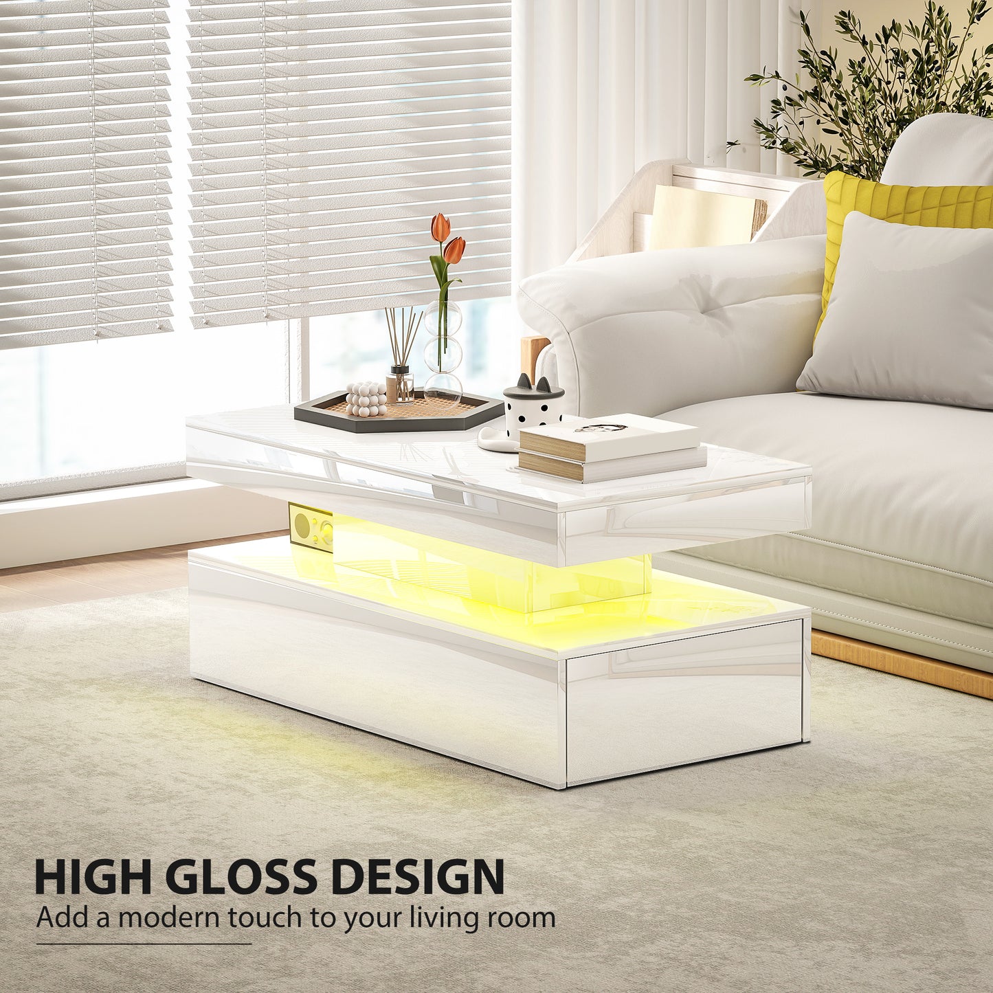 LED Coffee Table, Living Room Table with 2 Drawers and Open Shelf, High Gloss White
