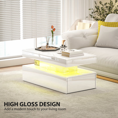 LED Coffee Table, Living Room Table with 2 Drawers and Open Shelf, High Gloss White