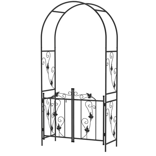 7ft Steel Garden Arch with Gate, Garden Arbor Trellis for Climbing Plants, Roses, Vines, Wedding Arch for Outdoor, Garde