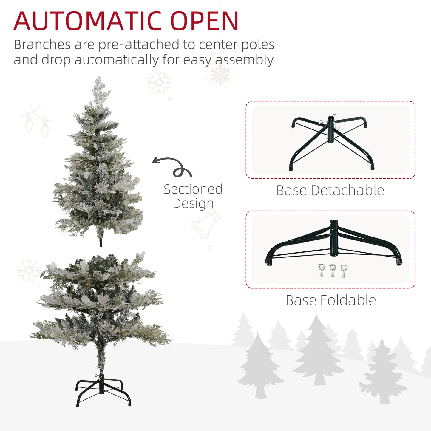 5 Feet Pencil Snow Flocked Artificial Christmas Tree with 517 Realistic Cypress Branches, Auto Open, Green