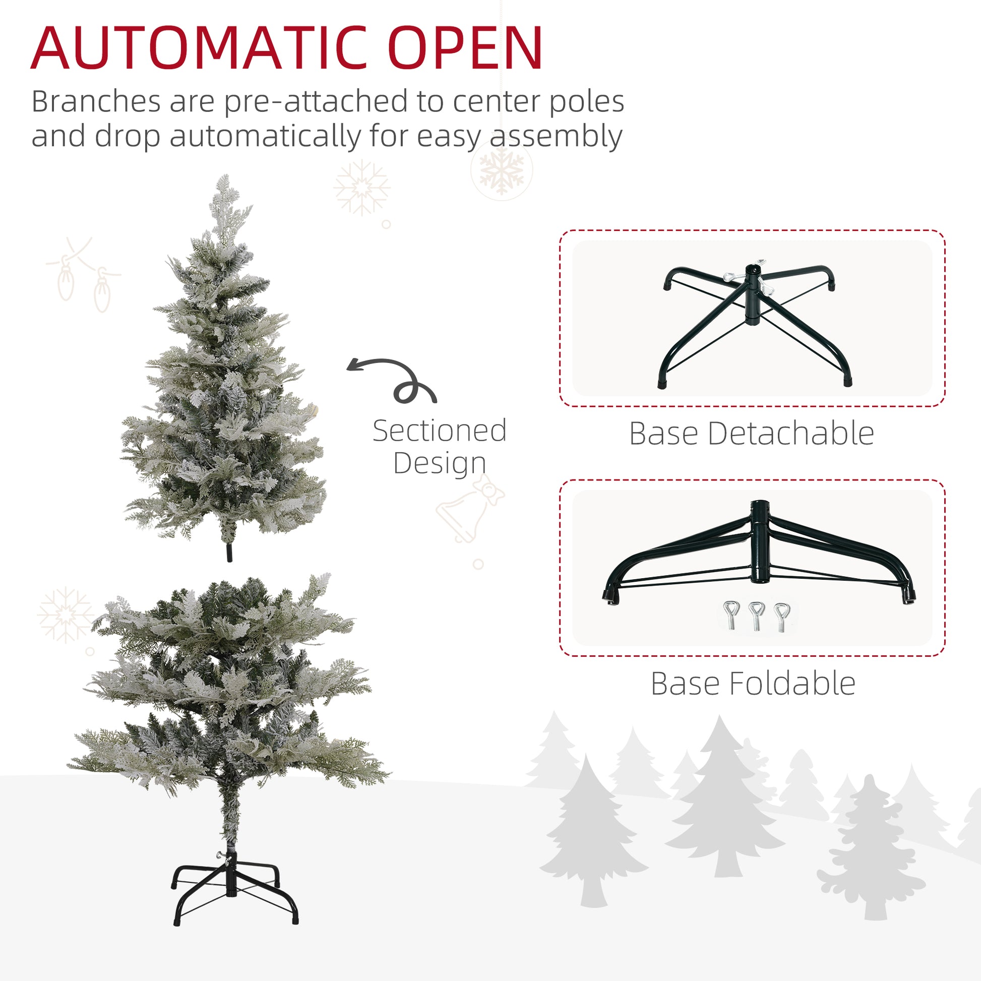 5 Feet Pencil Snow Flocked Artificial Christmas Tree with 517 Realistic Cypress Branches, Auto Open, Green