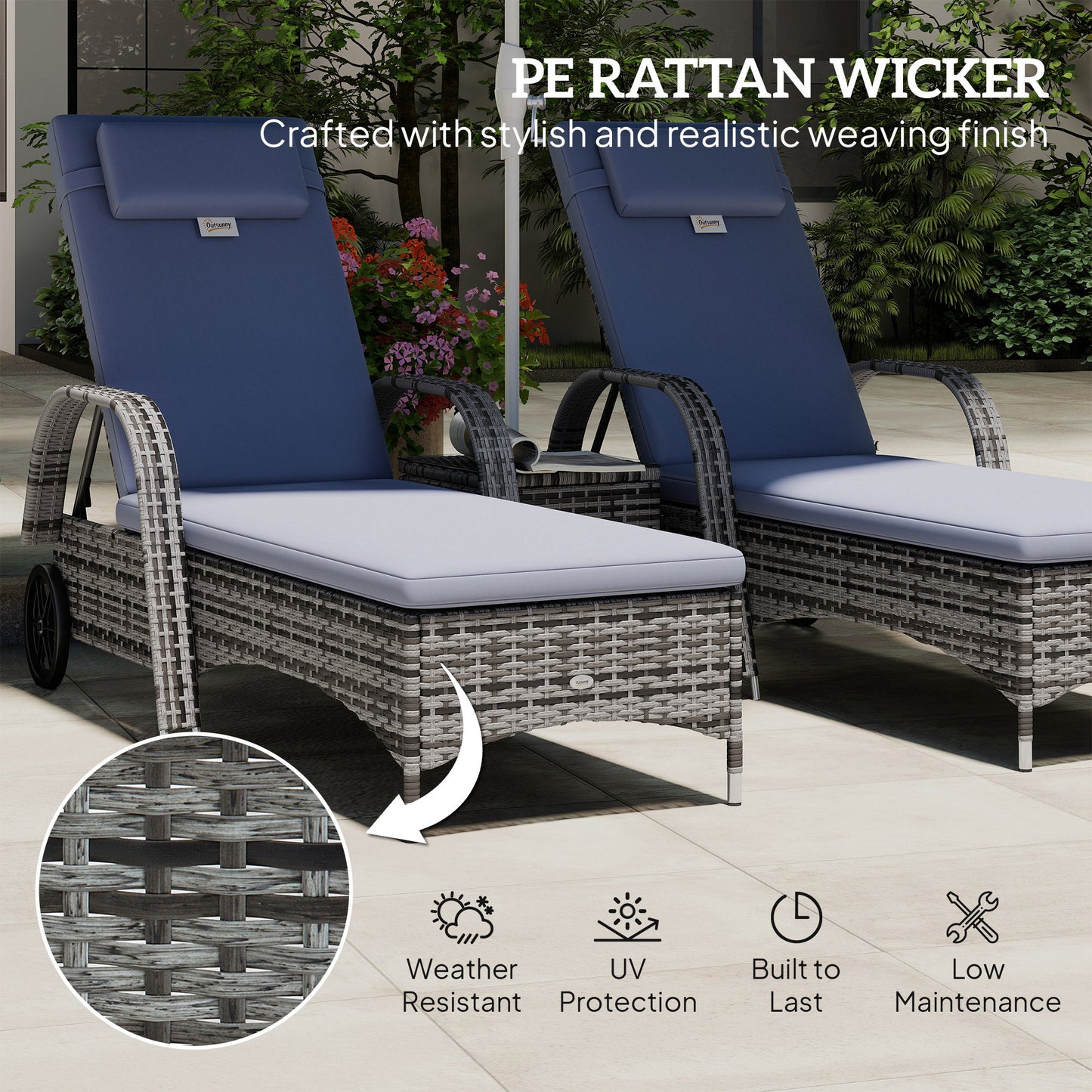3 Pieces Wicker Patio Lounger Set with Table, PE Rattan Outdoor Lounge Chair Set with Cushions, Wheels, 5-Level Reclinin
