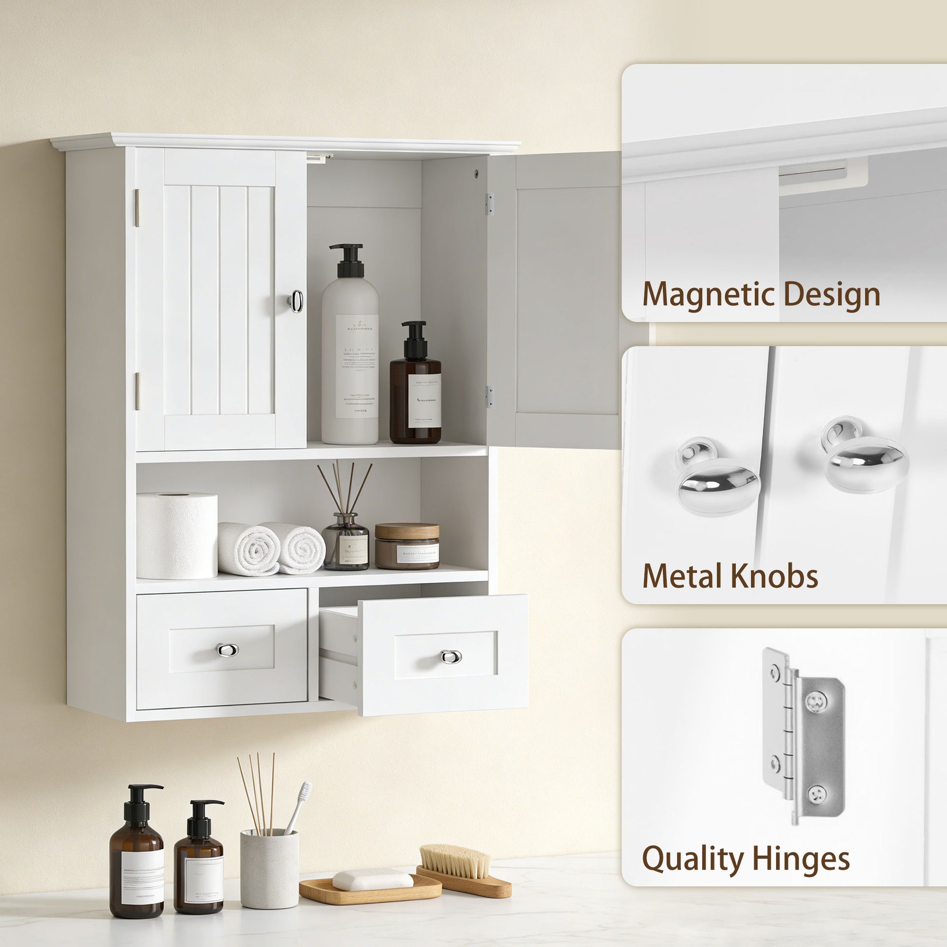 Bathroom Wall Cabinet, Medicine Cabinet, Over Toilet Storage Cabinet with Shelf and Drawers for Hallway, Living Room, Wh