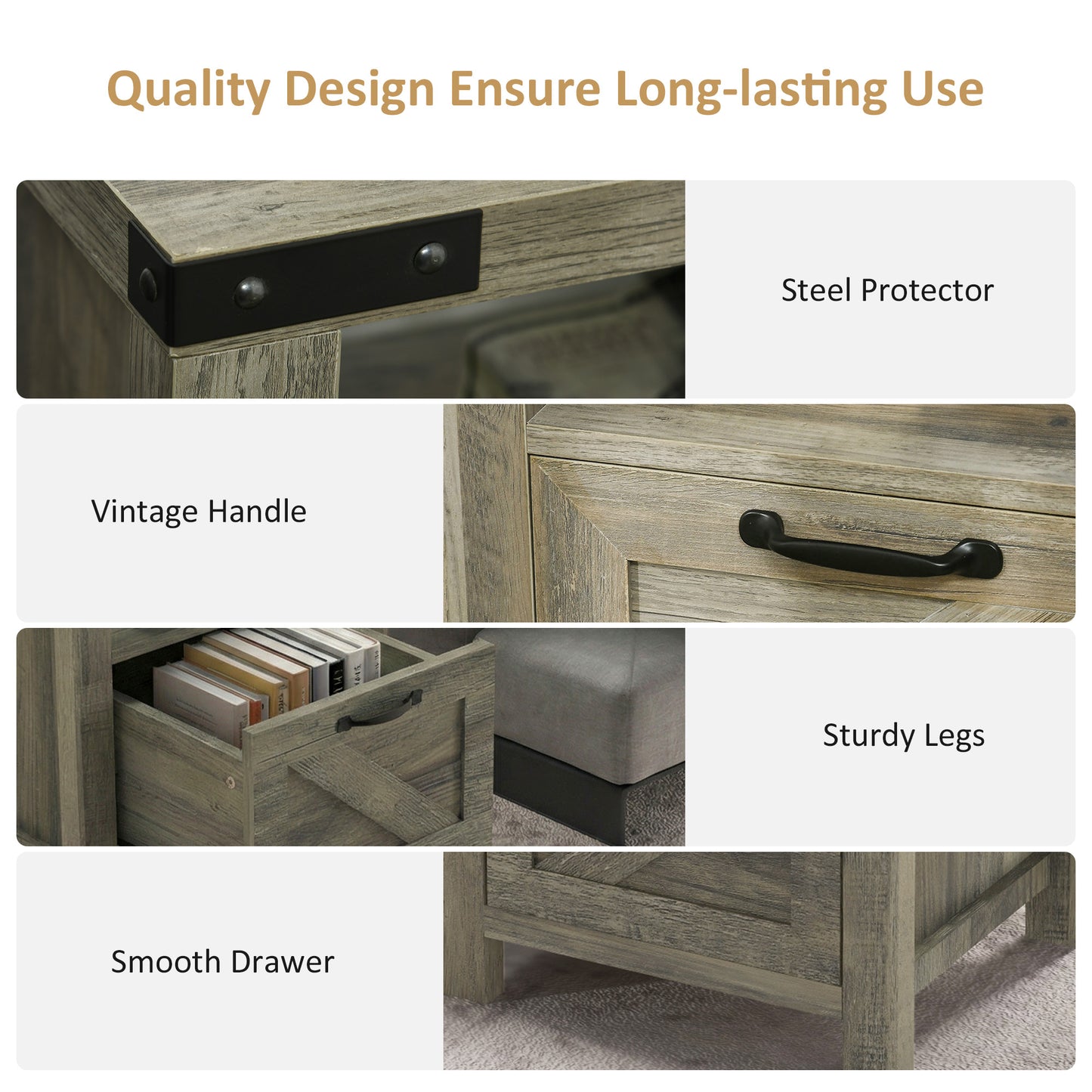 Small Side Table with Storage, Farmhouse End Table with Drawer, Open Shelf and Barn-style Panel, Nightstand for Living R