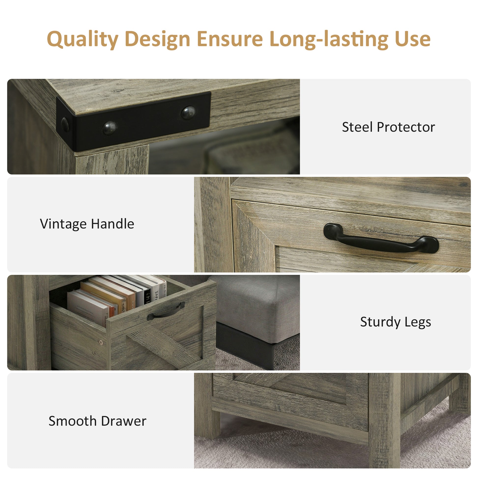 Small Side Table with Storage, Farmhouse End Table with Drawer, Open Shelf and Barn-style Panel, Nightstand for Living R