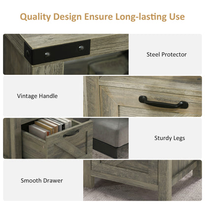 Small Side Table with Storage, Farmhouse End Table with Drawer, Open Shelf and Barn-style Panel, Nightstand for Living R