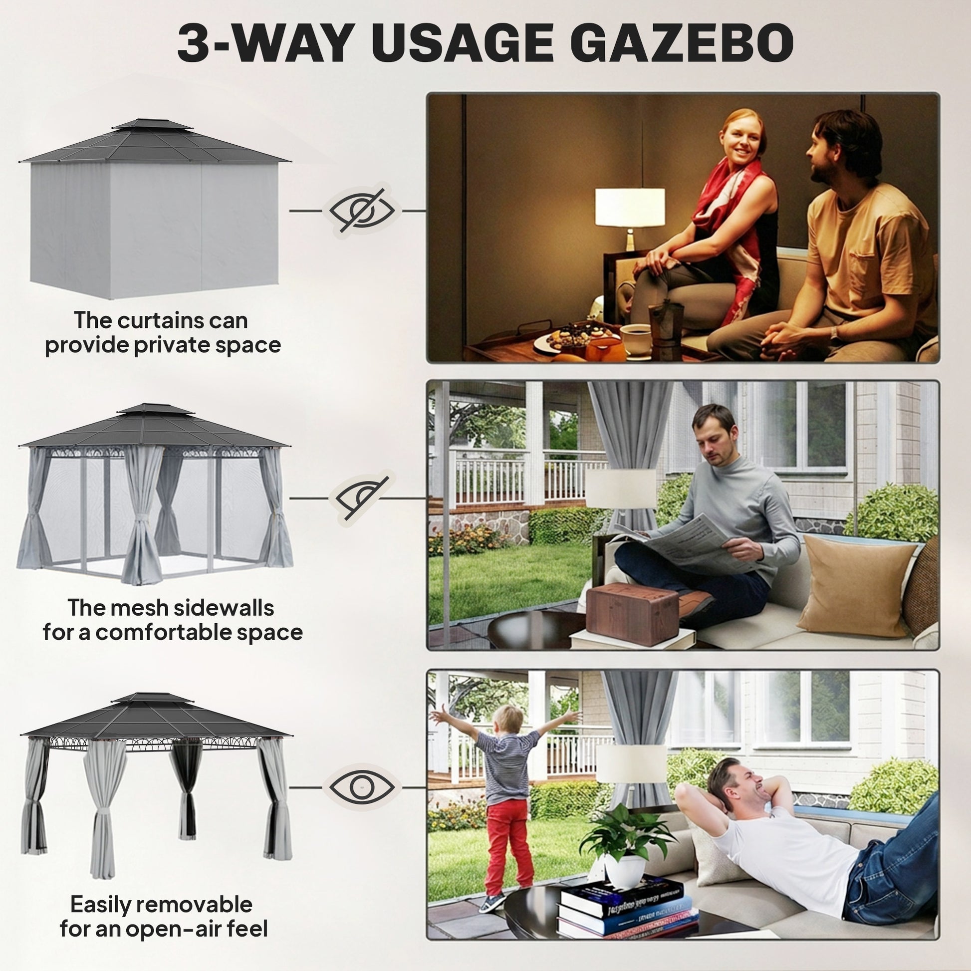 10' x 12' Outdoor Hardtop Gazebo Canopy w/ Double PC Roof, Steel Frame, Nettings, Curtains for Garden Lawn Deck, Grey