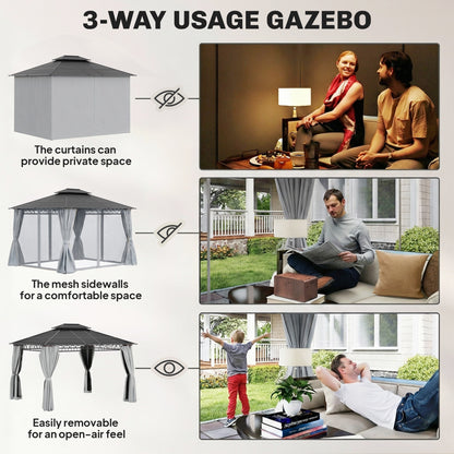 10' x 12' Outdoor Hardtop Gazebo Canopy w/ Double PC Roof, Steel Frame, Nettings, Curtains for Garden Lawn Deck, Grey