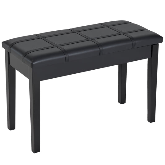 Classic Piano Bench Stool, PU Leather Padded Keyboard Seat with Rubber Wood Legs and Music Storage Compartment, Banded S