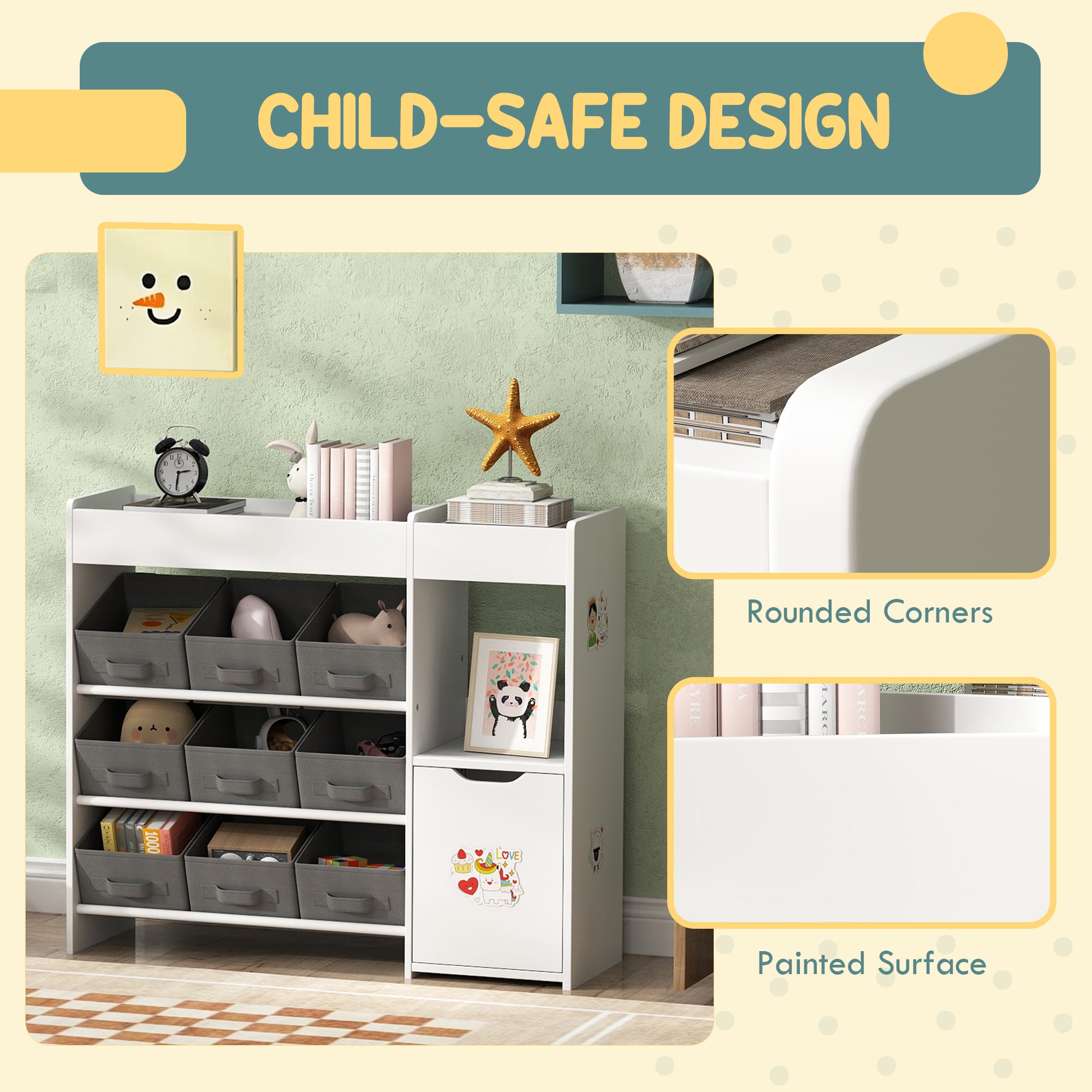 Qaba Toy Storage Organizer with 9 Non-Woven Fabric Boxes, Storage Cabinet & Shelves, for Kids Room, Nursery, Playroom Wh