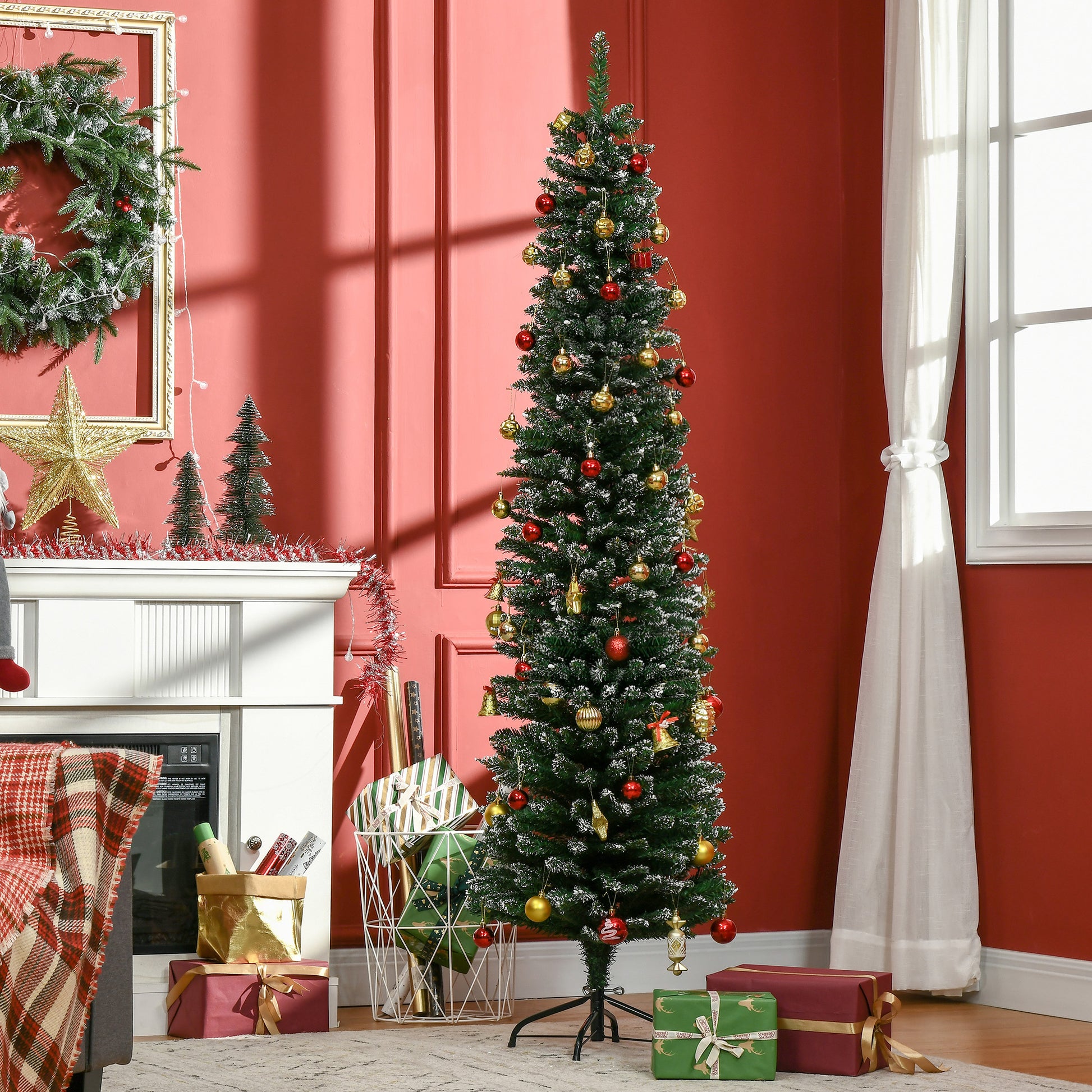 6FT Artificial Snow Dipped Christmas Tree Xmas Pencil Tree Holiday Home Indoor Decoration with Foldable Black Stand, Gre