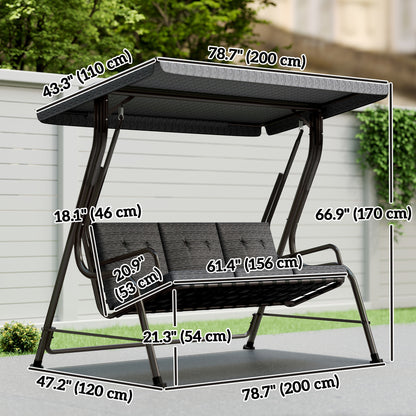 3-Person Porch Swing Chair, Patio Swing Bench with Adjustable Canopy, Removable Thicken Cushion, Black