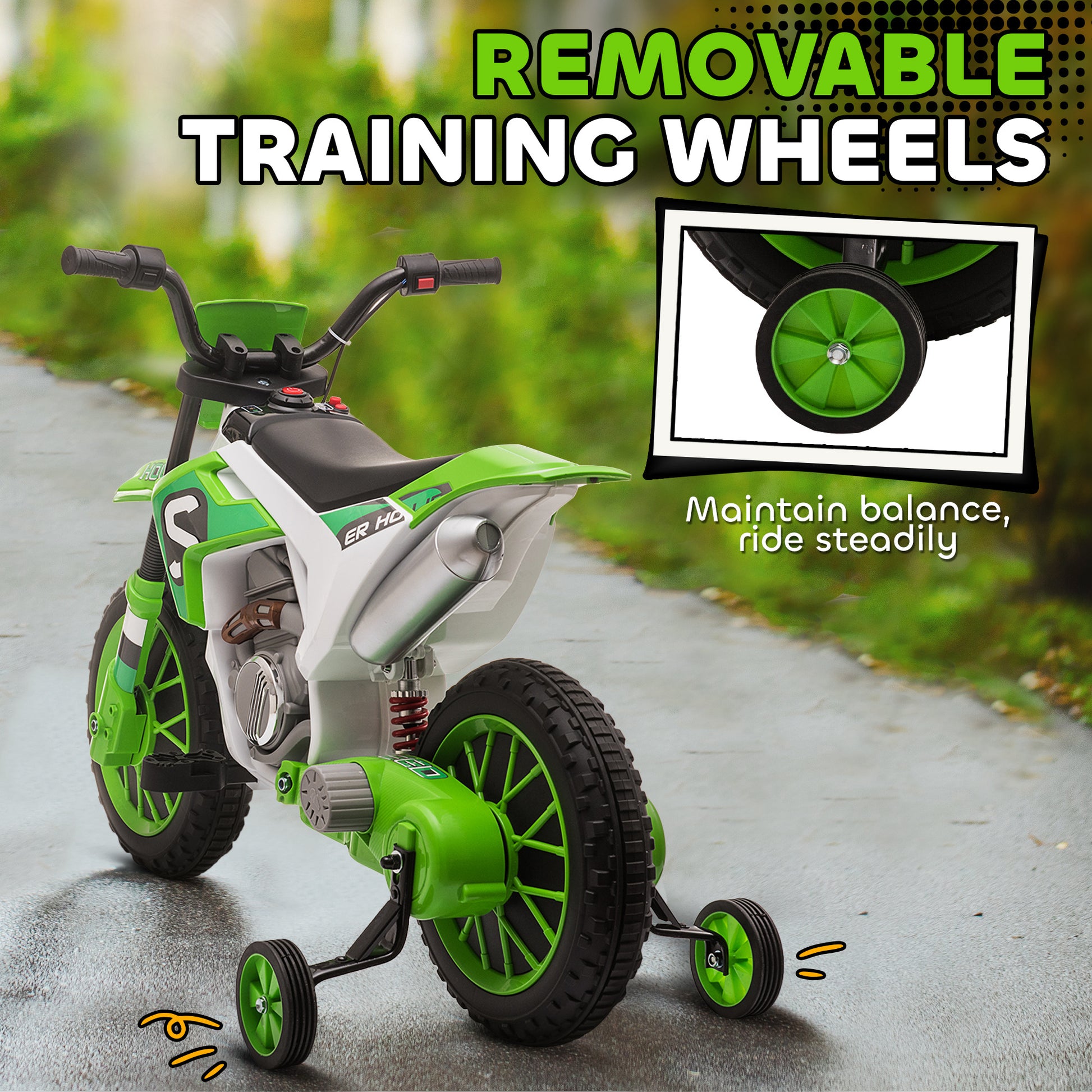 VarietyKart Kids Dirt Bike Battery-Powered Ride-On Electric Motorcycle with Charging 12V Battery, Training Wheels Green