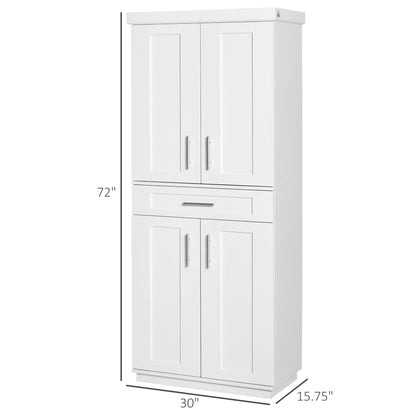 72" Storage Cabinet, Freestanding Kitchen Pantry Cabinet with 4 Doors, Drawer and 3 Adjustable Shelves, White