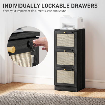 3 Drawer Filing Cabinet with Lock, Boho File Cabinet for A4 Letter Size Files with Decorative Rattan Accents, Black