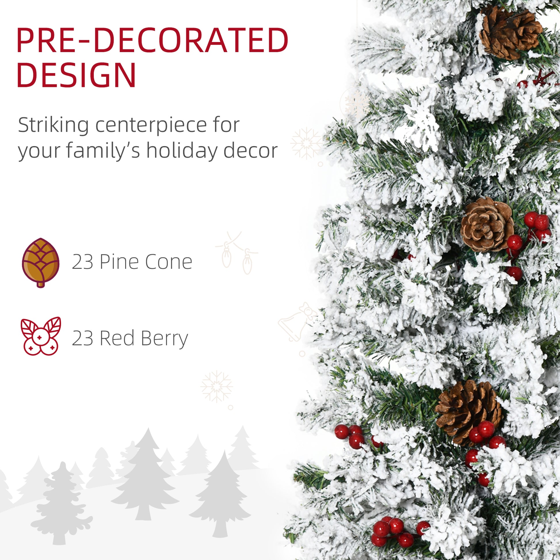 6 Foot Pencil Snow Flocked Artificial Christmas Tree with 600 Pine Realistic Branches, Pine Cones, Red Berries, Auto Ope