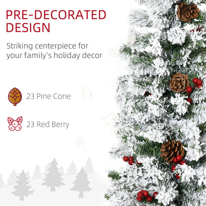 6 Foot Pencil Snow Flocked Artificial Christmas Tree with 600 Pine Realistic Branches, Pine Cones, Red Berries, Auto Ope