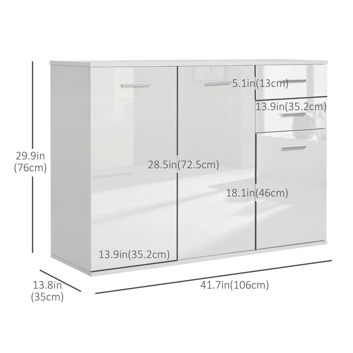 High Gloss Sideboard with 2 Drawers and 3 Doors, Buffet Cabinet with Adjustable Shelf, Coffee Bar Cabinet with Storage, 