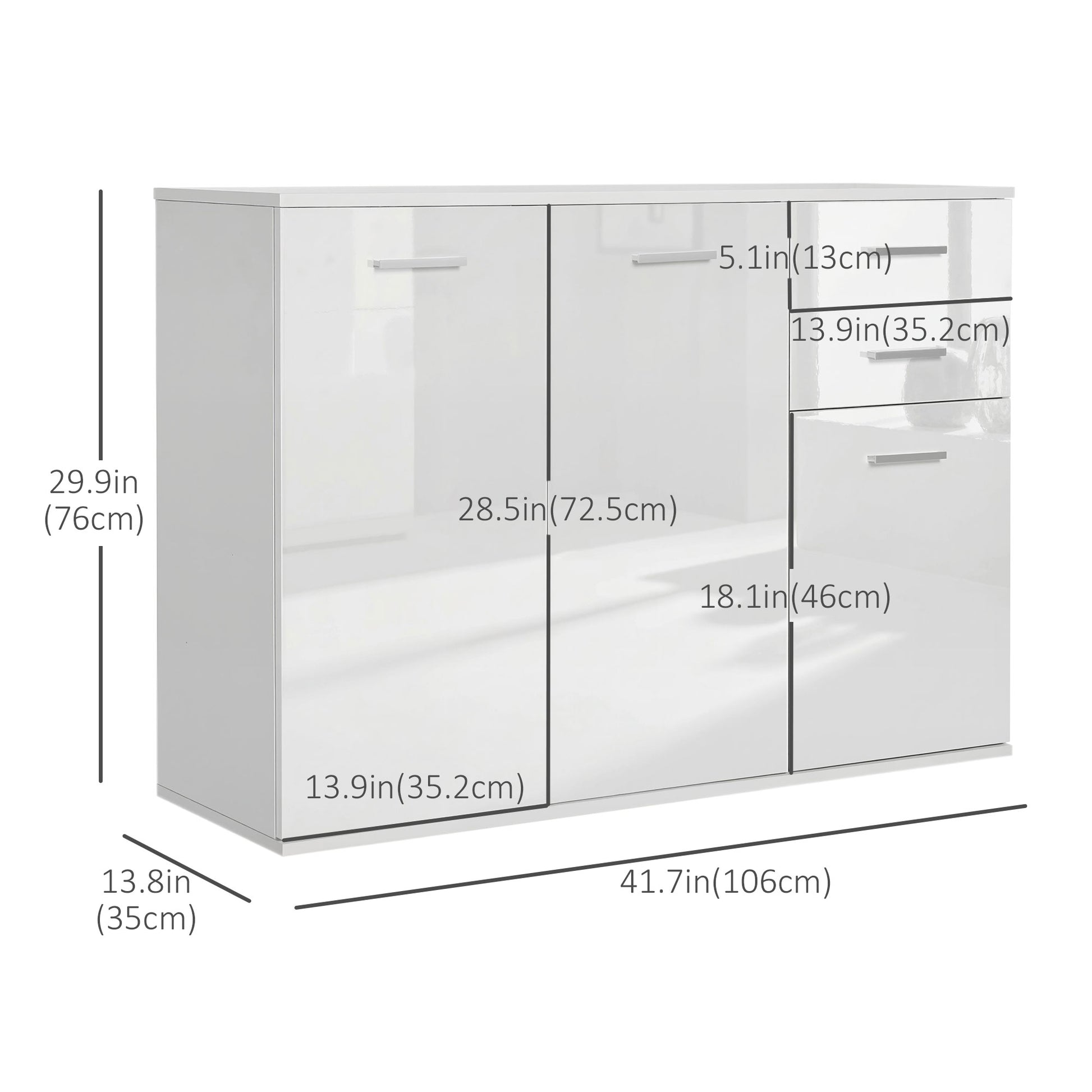 High Gloss Sideboard with 2 Drawers and 3 Doors, Buffet Cabinet with Adjustable Shelf, Coffee Bar Cabinet with Storage, 