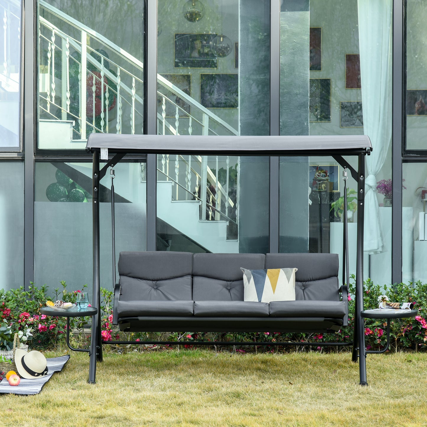 3 Seat Outdoor Swing Chair Steel Swing Bench Porch Swing With Adjustable Canopy, Coffee Tables and Cushion for Patio Gar
