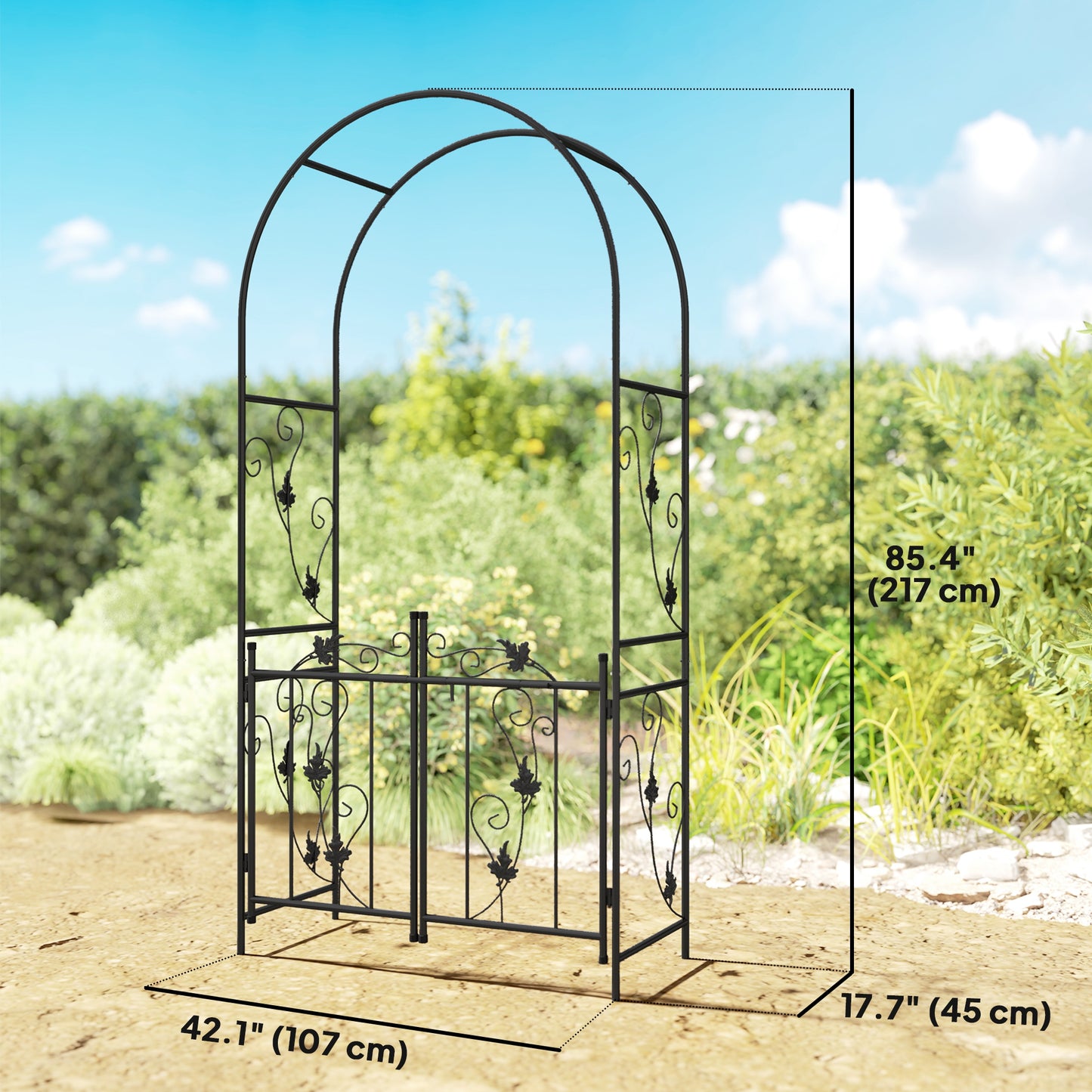 7ft Steel Garden Arch with Gate, Garden Arbor Trellis for Climbing Plants, Roses, Vines, Wedding Arch for Outdoor, Garde
