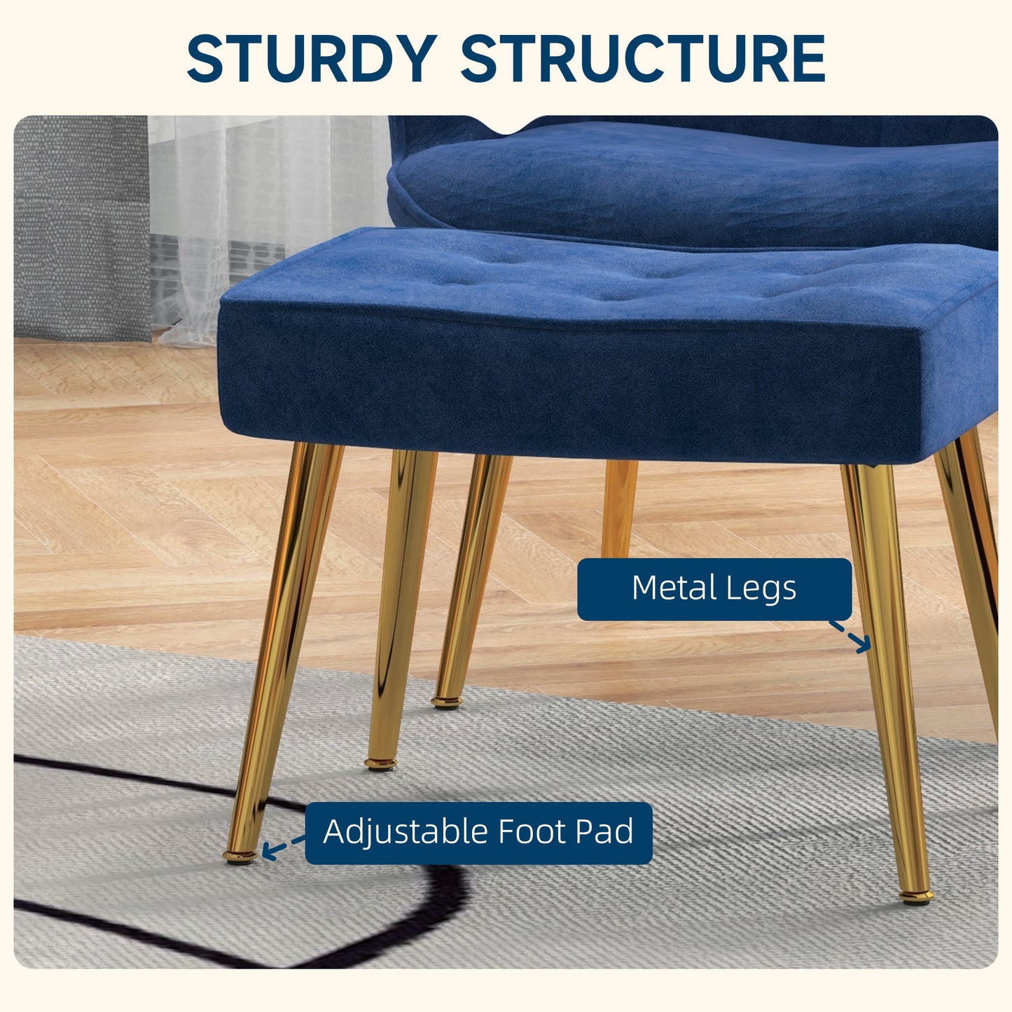 Modern Accent Chair with Ottoman, Upholstered Armchair with Footrest, Gold Metal Legs for Living Room, Bedroom, Dark Blu