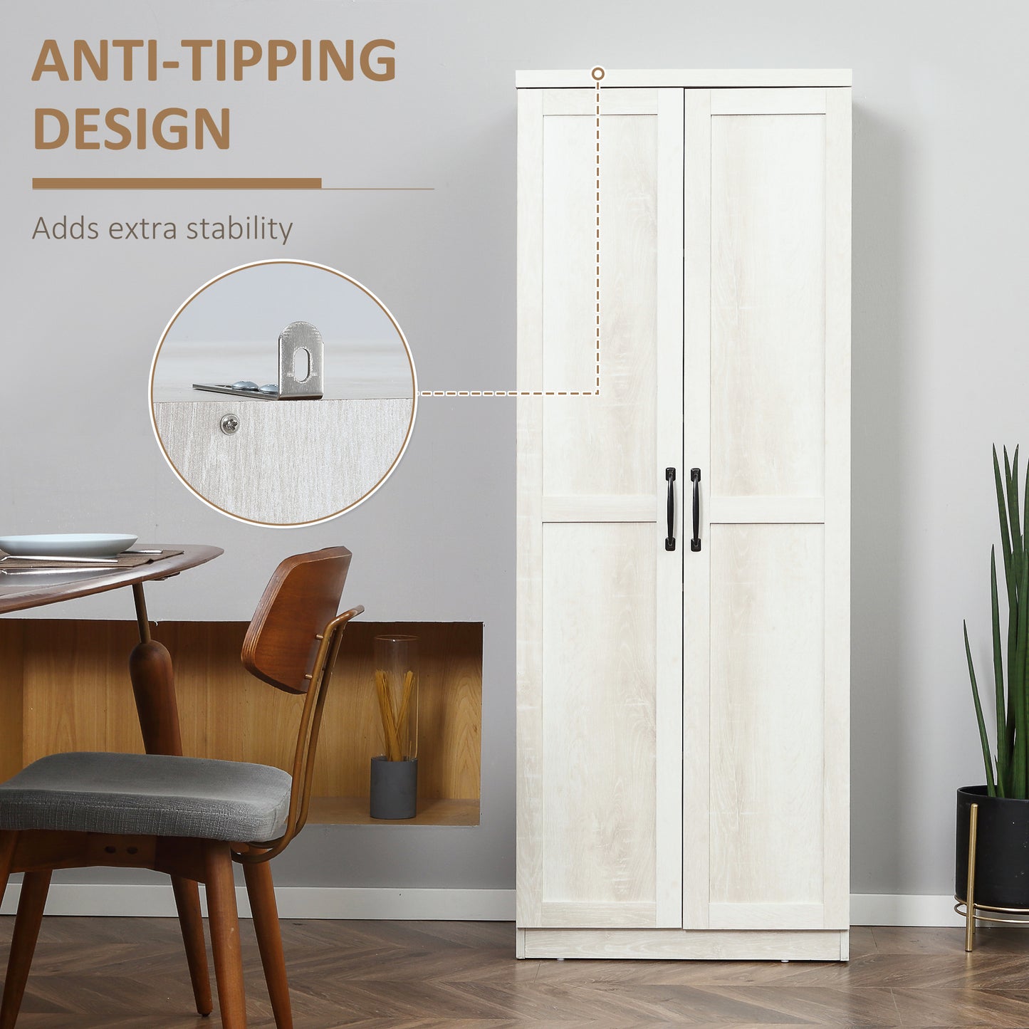 63" Kitchen Storage Cabinet, 5-tier Pantry Cabinet with Doors and Adjustable Shelves for Dining Room, Distressed White