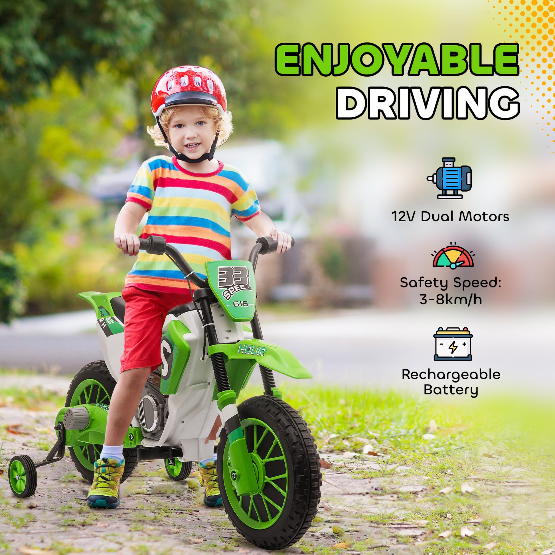 VarietyKart Kids Dirt Bike Battery-Powered Ride-On Electric Motorcycle with Charging 12V Battery, Training Wheels Green