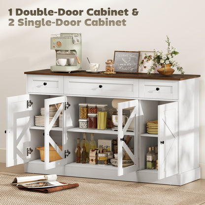 Sideboard Buffet Cabinet, 54" Farmhouse Kitchen Storage Cabinet with Acrylic Barn Doors and 3 Drawers, White Wood Grain