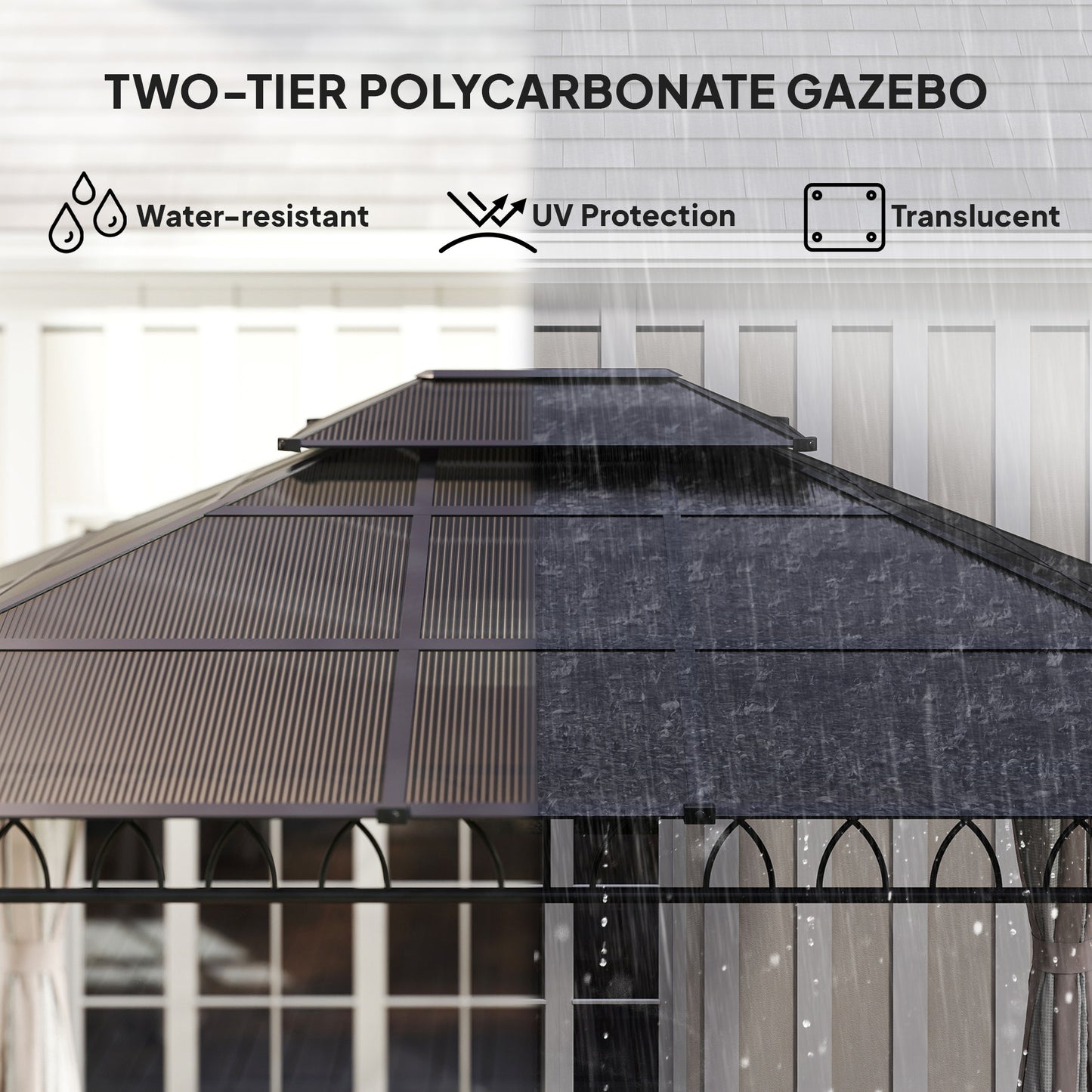 10' x 12' Outdoor Gazebo Canopy, Double Roof Hardtop Gazebo with Polycarbonate Roof, Steel Frame, Nettings and Curtains