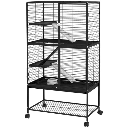 Rolling Small Animal Cage 54"H Chinchilla Cage for Ferrets, Squirrels w/ Removable Tray, Storage Shelf, Black