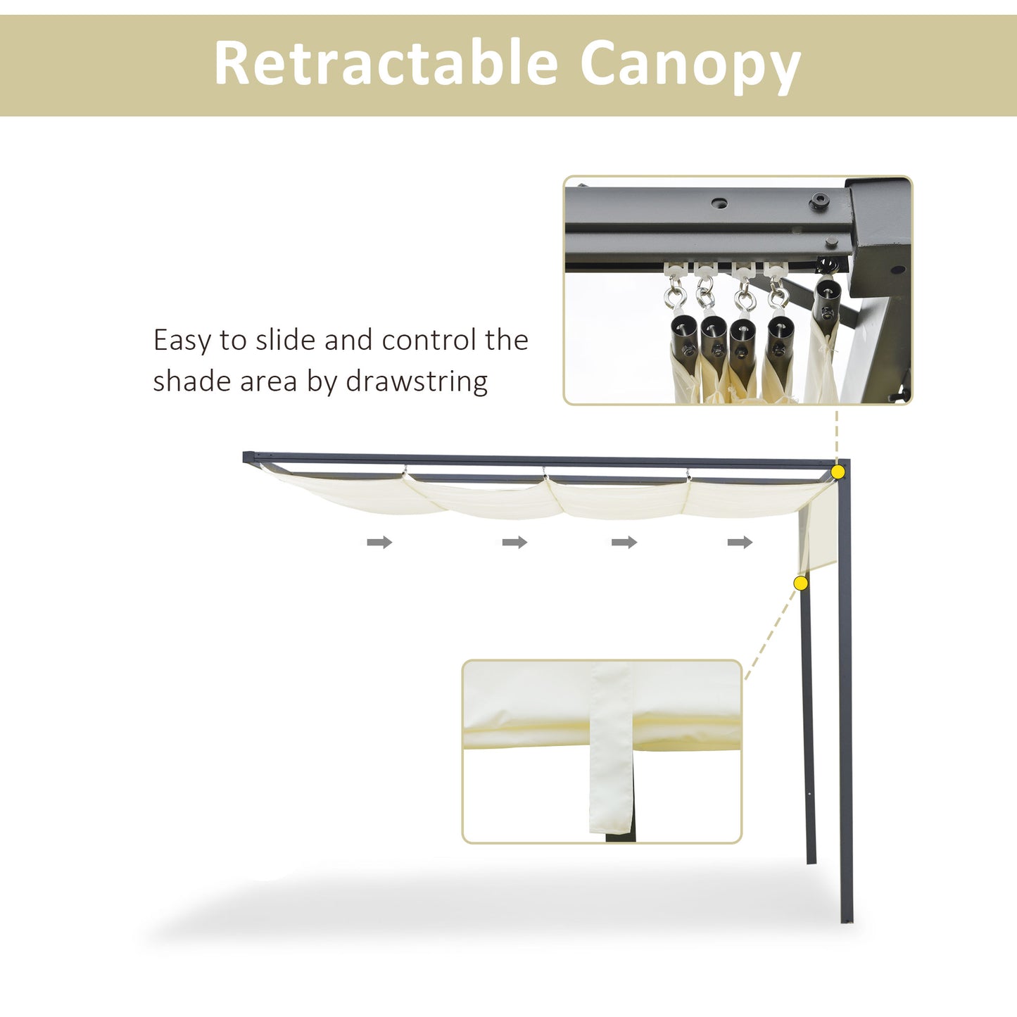 10'x10' Outdoor Pergola Gazebo with Retractable Canopy & Metal Frame & PA Coated Sun Shelter Door Porch Cover, Cream Whi