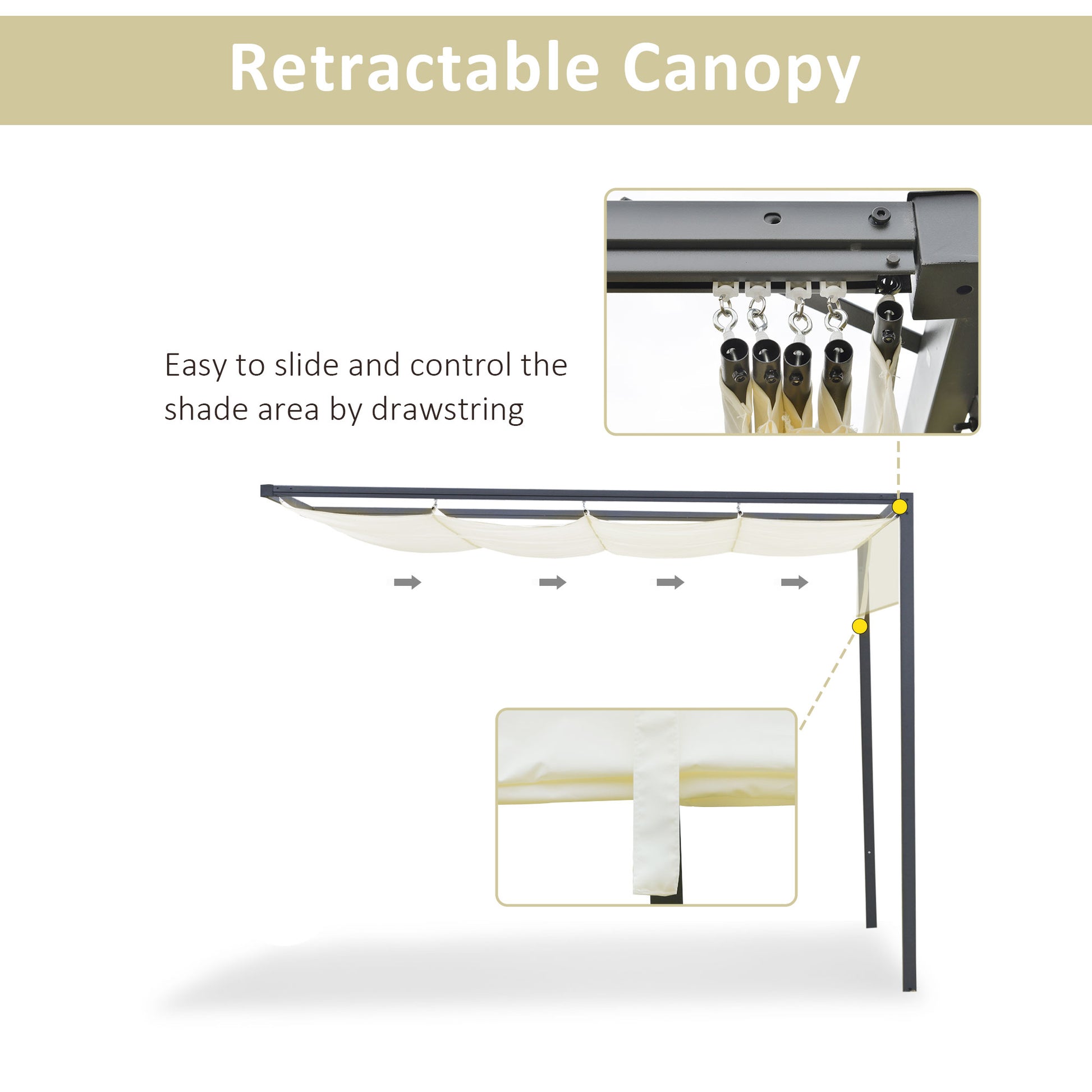 10'x10' Outdoor Pergola Gazebo with Retractable Canopy & Metal Frame & PA Coated Sun Shelter Door Porch Cover, Cream Whi